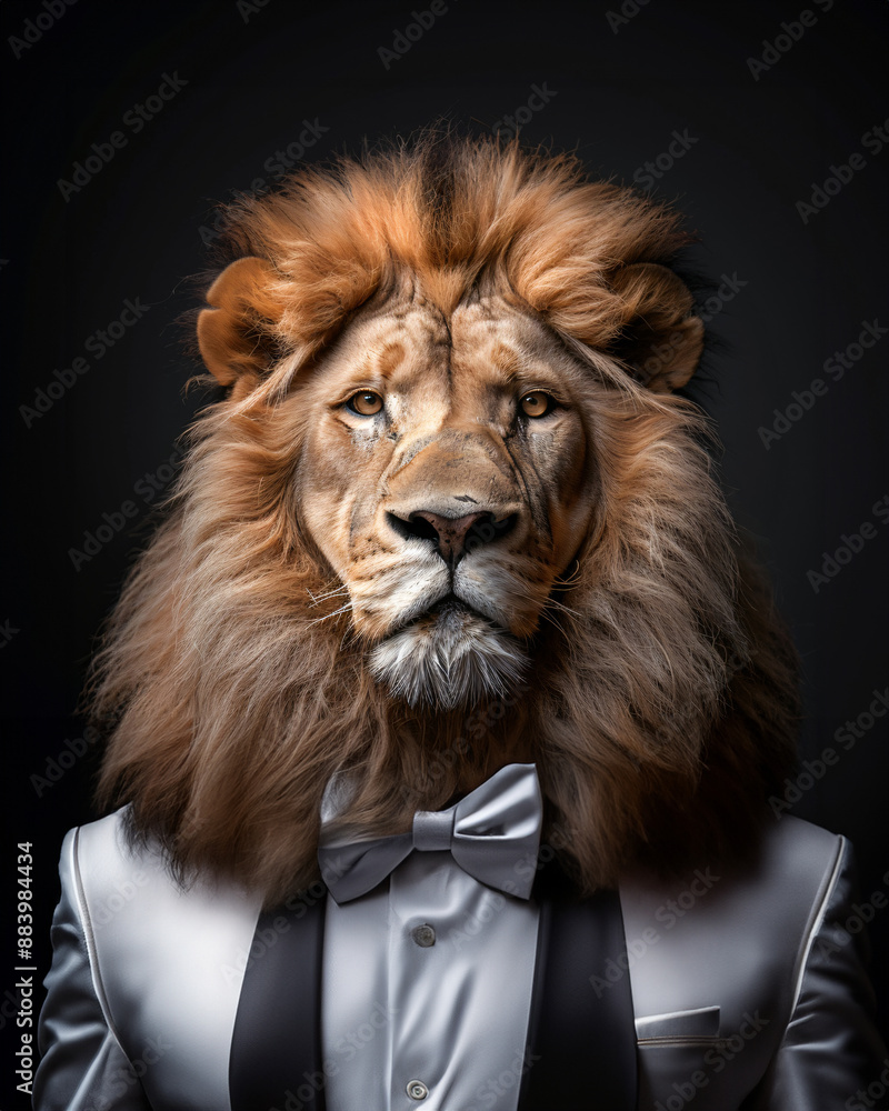 Realistic lion in a tuxedo, adjusting his bow tie, solid purple background Realistic lion in a tuxedo, adjusting his bow tie, solid purple background