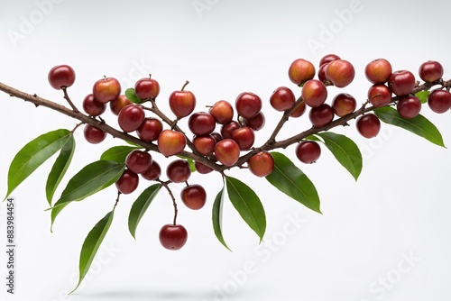 A branch of a cherry tree with ripe red cherries and green leaves in white background