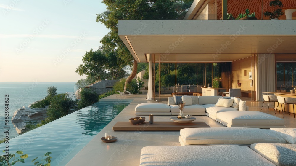 a open living room of an ultra-luxury mansion with outdoor sofa seating , coffee cup and candle on the table, beside a interior bar, overlooking an infinity pool and morning ocean, warm tones and a li a open living room of an ultra-luxury mansion with outdoor sofa seating , coffee cup and candle on the table, beside a interior bar, overlooking an infinity pool and morning ocean, warm tones and a li