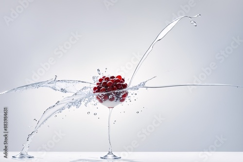 High speed photography of water cascading over a jostaberry on a white background photo