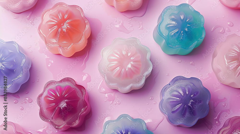 Close up cute pastel jelly top view for laptop, computer background wallpaper photos or product promotion and advertisement. Close up cute pastel jelly top view for laptop, computer background wallpaper photos or product promotion and advertisement.