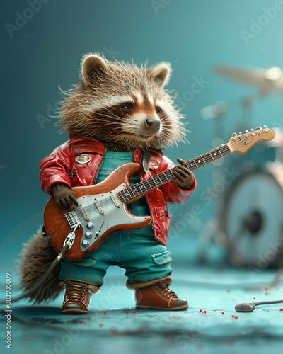 Realistic raccoon in a punk rock outfit, playing a guitar, solid turquoise background