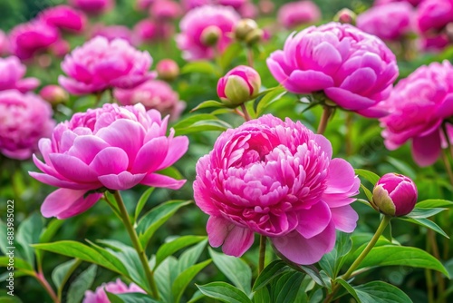 Vibrant pink peonies bloom amidst lush greenery in a serene garden setting, petals gently unfolding to reveal delicate centers and soft, rounded shapes.