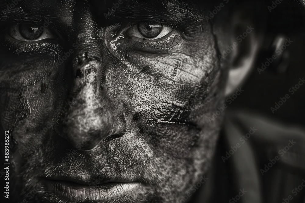 weathered soldier portrait face etched with battle scars dramatic lighting emphasizes rugged features and haunting gaze monochromatic palette conveys gritty realism and emotional depth weathered soldier portrait face etched with battle scars dramatic lighting emphasizes rugged features and haunting gaze monochromatic palette conveys gritty realism and emotional depth