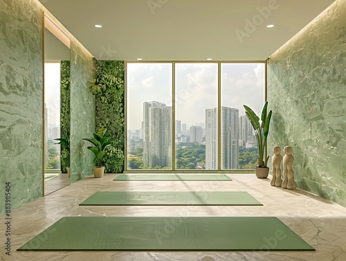 yoga studio with city view outside the miorror , green and light brown tone , green yoga mat  photo