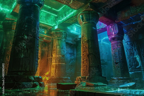 Ancient ruins transformed by digital technology, with glowing hieroglyphs, neon-lit columns, and vibrant holographic artifacts. 