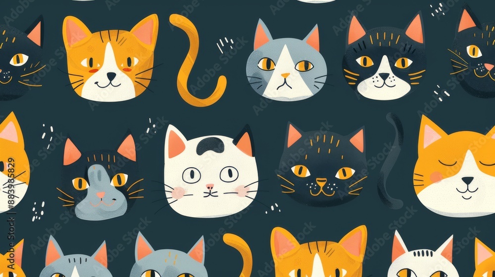 Seamless pattern with cute hand drawn cat faces on dark background Seamless pattern with cute hand drawn cat faces on dark background