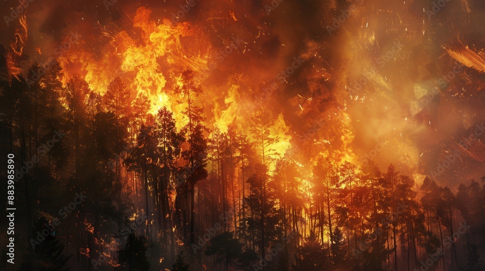 Fototapeta premium Forests on fire, illustrating the impact of climate change, intense scene