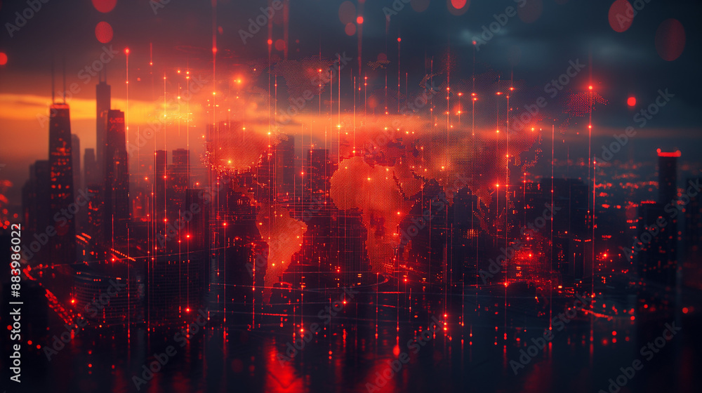 Fototapeta premium Abstract graphic digital world map hologram with connections on Chicago cityscape background, globalization concept. Multiexposure.