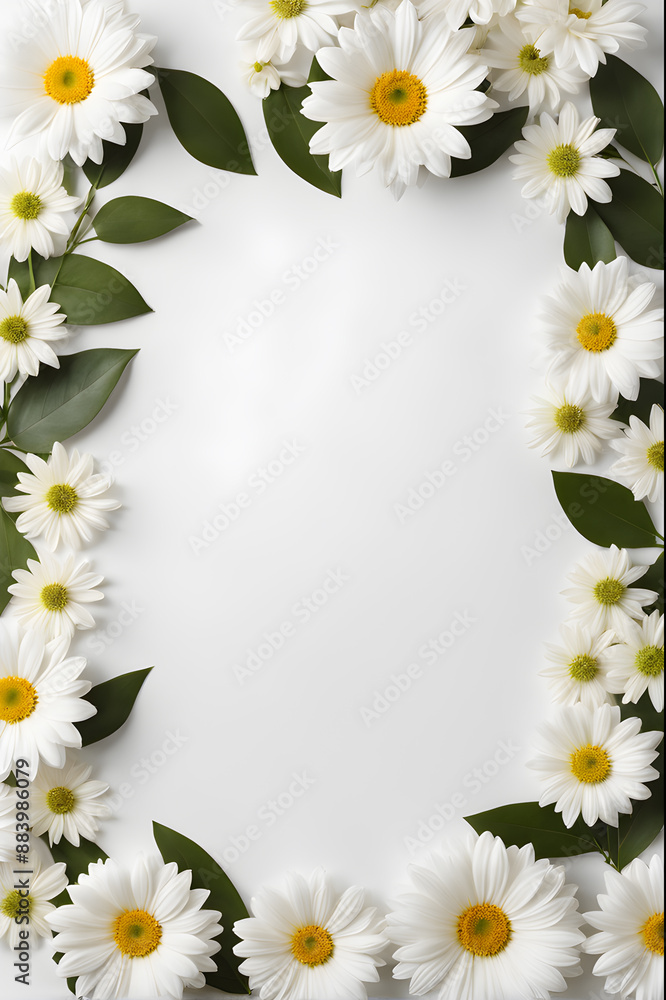 Fototapeta premium Frame made of white daisies and green leaves on white background