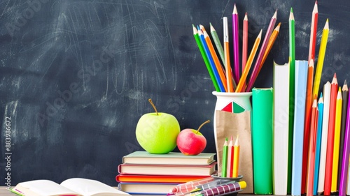 Colorful School Supplies on Books with Blackboard Background