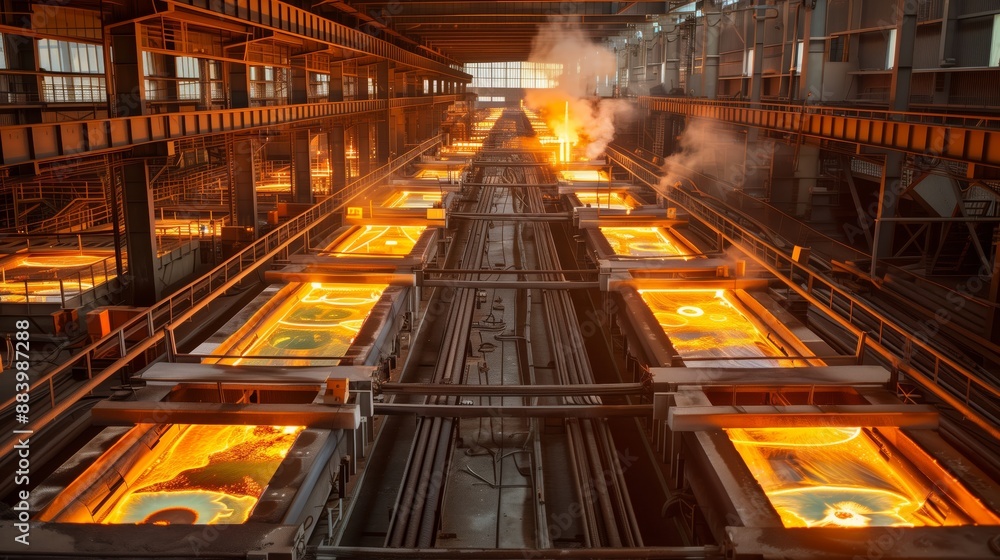 A colossal glass plant with massive furnaces and conveyors of molten glass creates a mesmerizing scene.