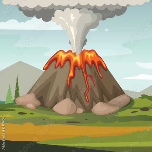 volcano. cartoon background illustration with active volcano explode lava