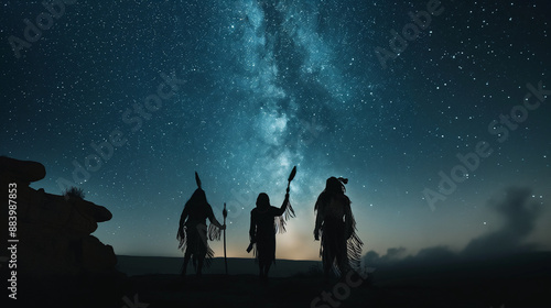 Native Americans performing a spirit dance under the stars, rhythmic and connected, upper third copy space photo