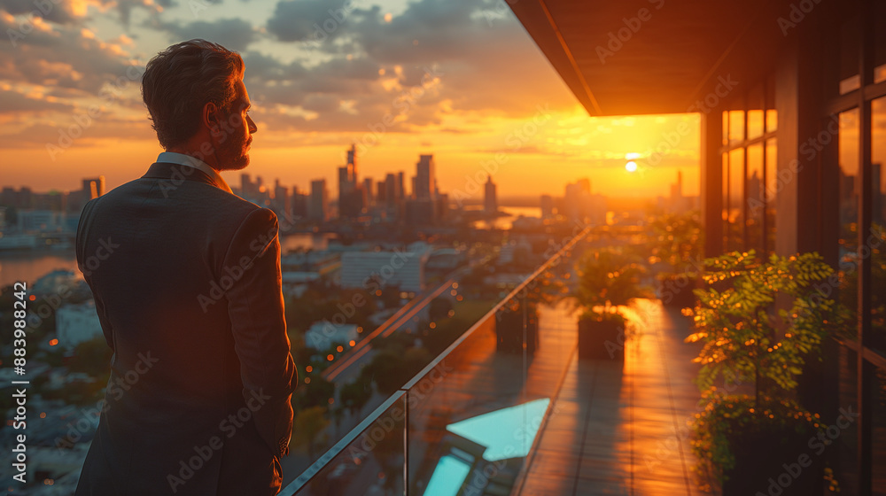 Young businessman in suit at balcony against morning cityscape background. Young businessman in suit at balcony against morning cityscape background.