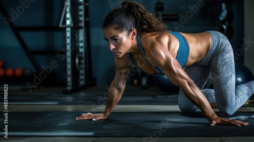 A photograph of a woman in a plank position, wearing a blue sports bra and grey leggings, with an intense expression