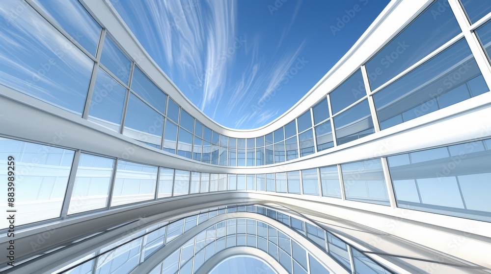 A white, curved building with large windows and a clear blue sky A white, curved building with large windows and a clear blue sky