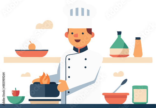 Chef cooking in a kitchen with ingredients and utensils