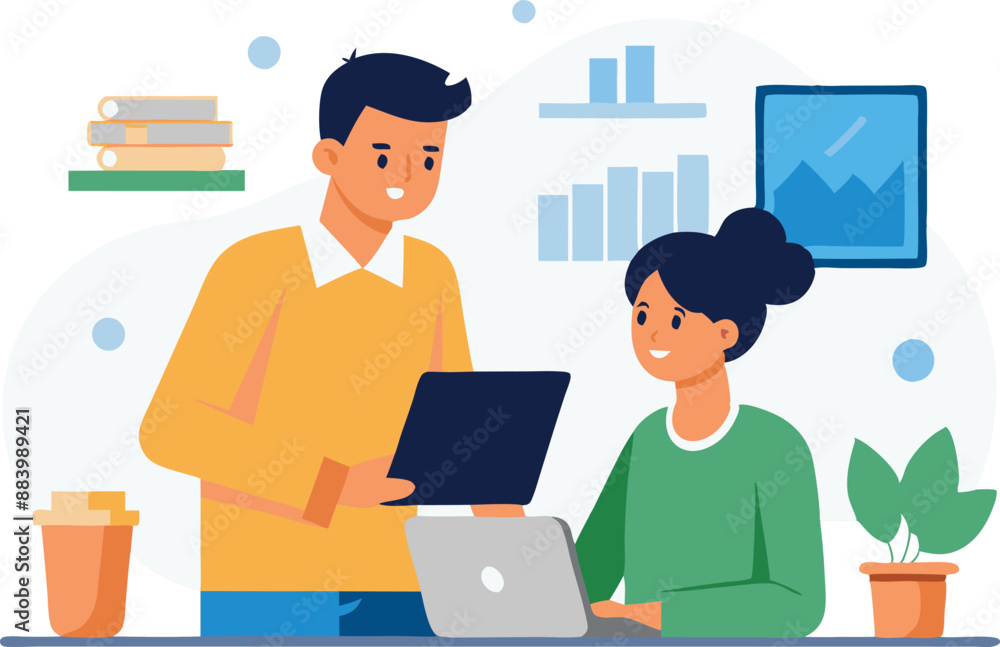 Man and woman collaborating on a project using a laptop Man and woman collaborating on a project using a laptop