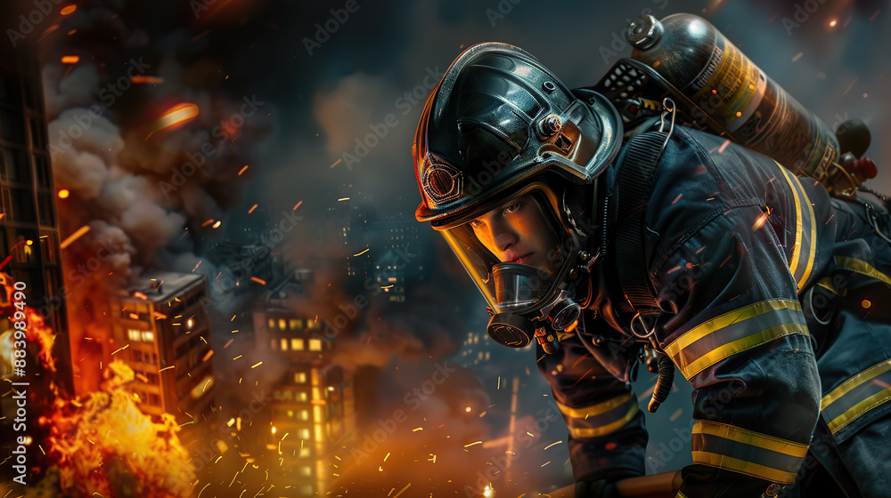 Fototapeta premium Firefighter Battling Intense Urban Blaze with High-rise Buildings in Background