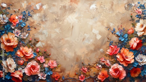 Colorful and detailed oil painting of various flowers on a beige background photo