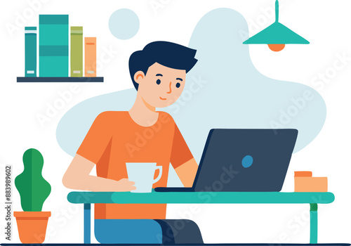 Young man working on a laptop while drinking coffee at home