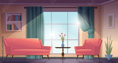 Living room. Cozy interior with armchairs and sofas exact vector cartoon background with couches pictures