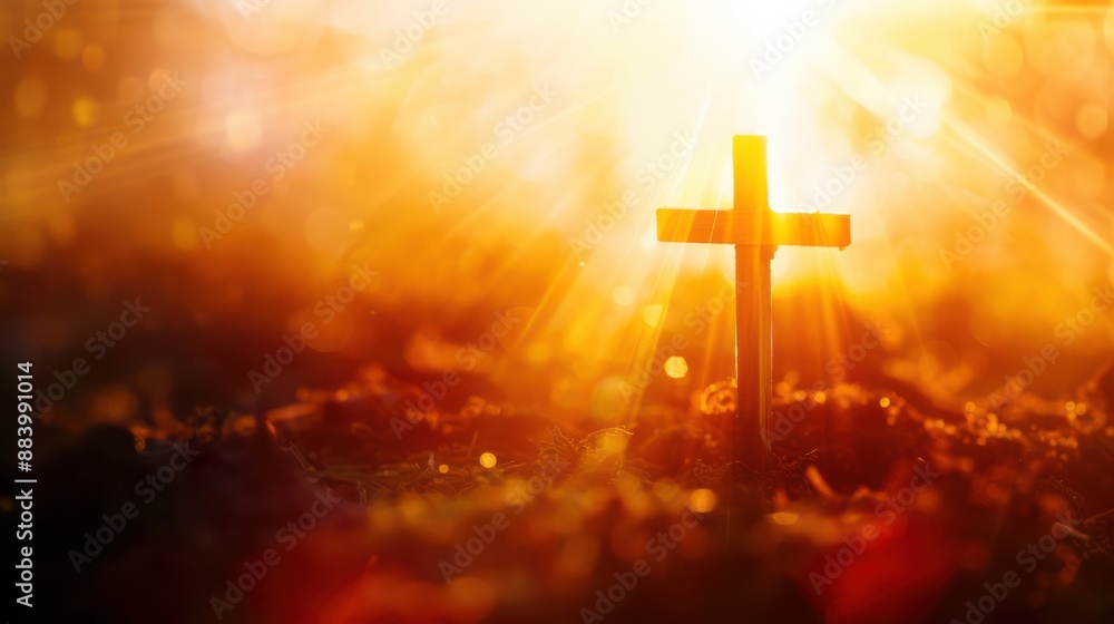Religious background with sun glare behind a Christian cross Religious background with sun glare behind a Christian cross