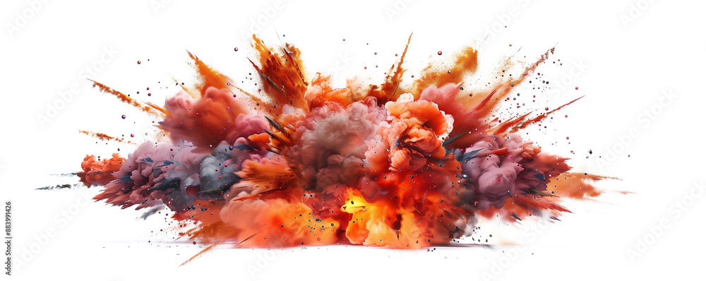 realistic explosion with fire and smoke and sparks on white background. Wide angle view of an intense bomb. transparency background realistic explosion with fire and smoke and sparks on white background. Wide angle view of an intense bomb. transparency background
