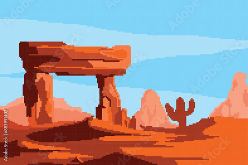 pixel art image of desert, hot atmosphere in the afternoon and there is a shadow of orange cactus tree