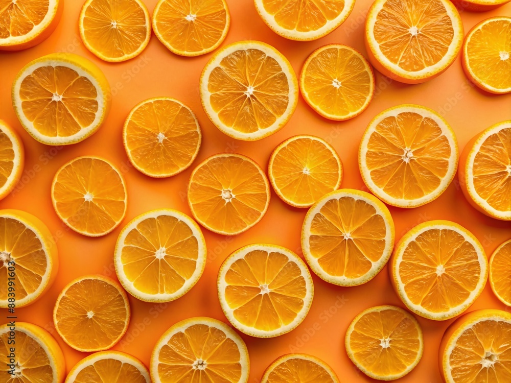 Vibrant orange background showcases isolated orange slices arranged artfully, providing ample space for additional design elements, perfect for food, health, or summer-themed creations. Vibrant orange background showcases isolated orange slices arranged artfully, providing ample space for additional design elements, perfect for food, health, or summer-themed creations.