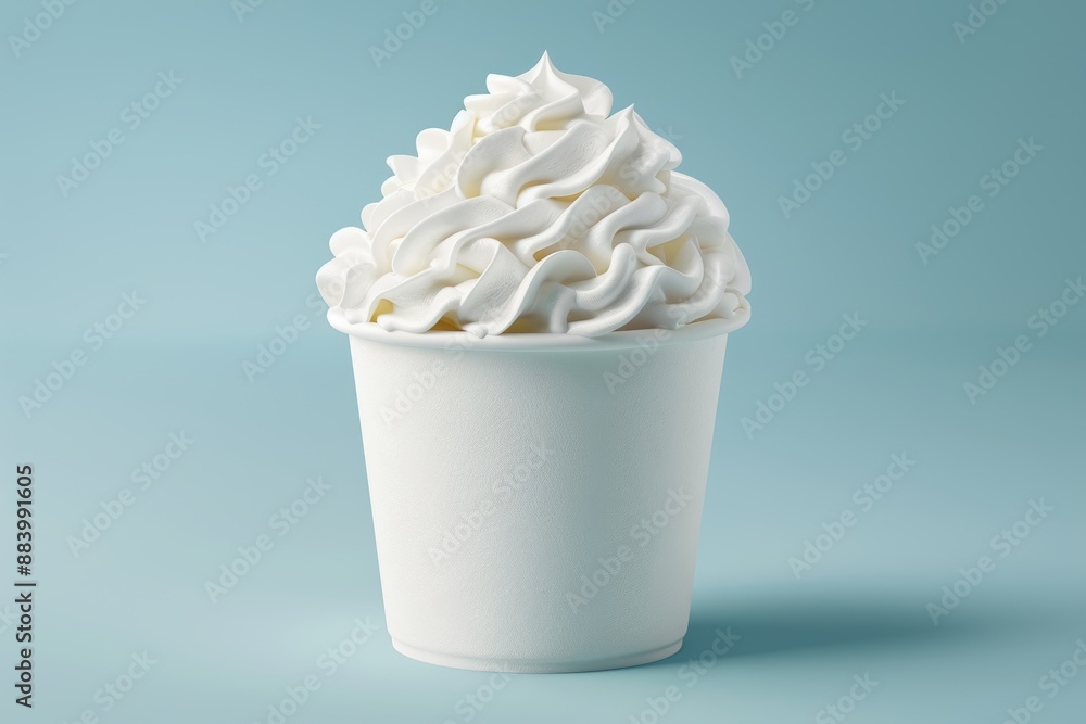 Delicious Whipped Cream Topping in a Paper Cup on a Soft Blue Background, Food Photography Delicious Whipped Cream Topping in a Paper Cup on a Soft Blue Background, Food Photography