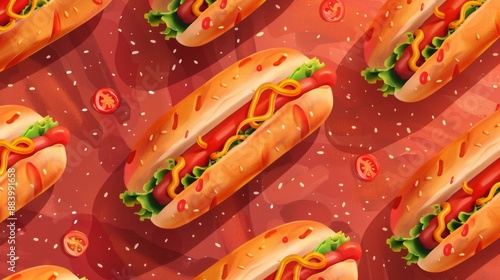 Seamless pattern of hotdogs with mustard and lettuce on red background photo