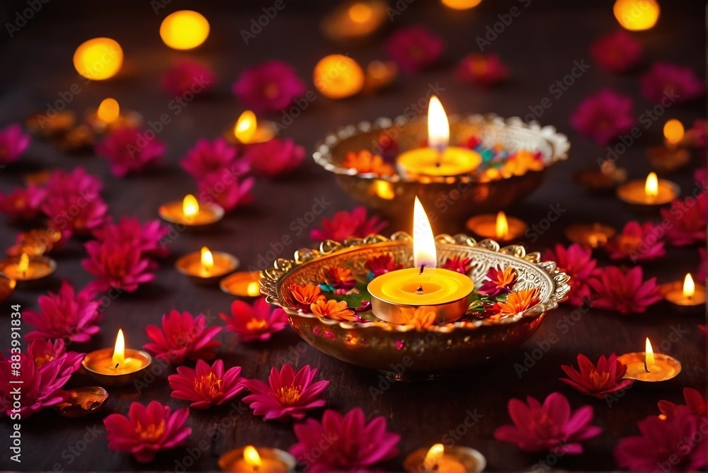 Diwali background with shiny and illuminated Diya lamps and vibrant floral background. Diwali background with shiny and illuminated Diya lamps and vibrant floral background.