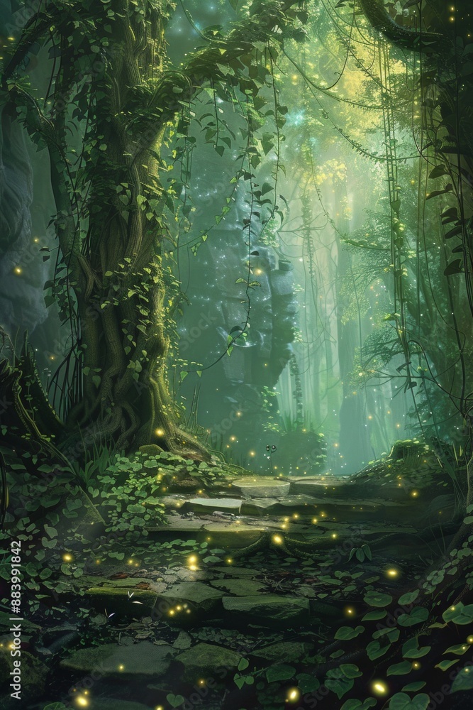 Obraz premium A mystical forest stage, with an ancient stone floor, vines hanging from the trees, and fireflies casting an ethereal glow. 