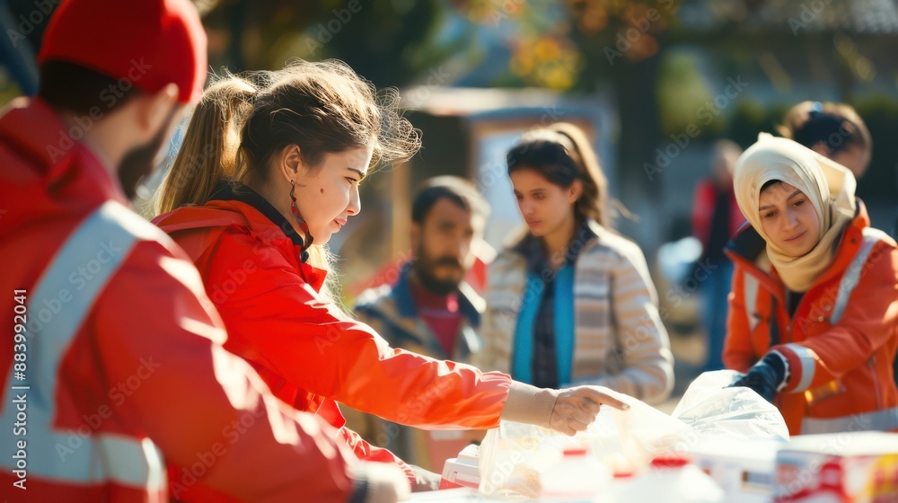 Fototapeta premium Rescuers and volunteers help victims of natural disasters by distributing food, water and blankets. Perfect for content about emergency aid and humanitarian assistance in crisis situations.