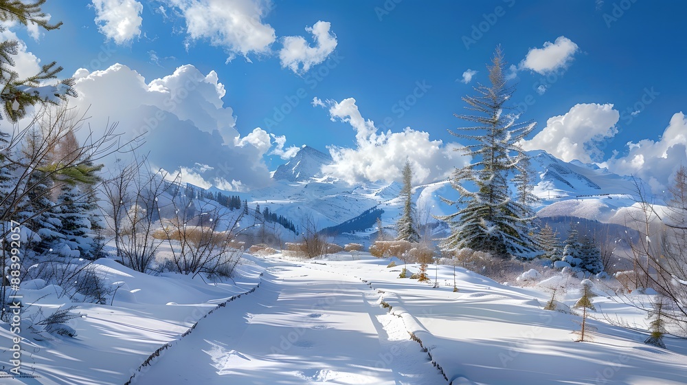 Snow-covered mountain landscape with a winding road through the trees Snow-covered mountain landscape with a winding road through the trees