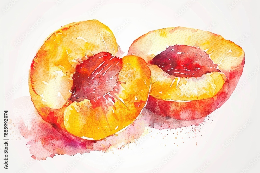 Hand-drawn Fresh Peach and Nectarine Slices in Watercolor Style, Ideal for Organic Food and Health Care Concepts Hand-drawn Fresh Peach and Nectarine Slices in Watercolor Style, Ideal for Organic Food and Health Care Concepts