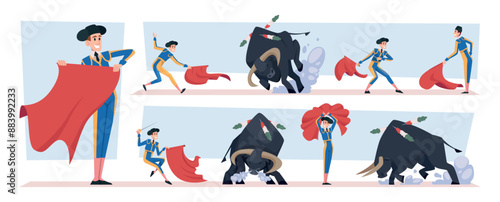 Corrida. Spanish bullfight performance with bull matador and toreadors exact vector cartoon illustrations set