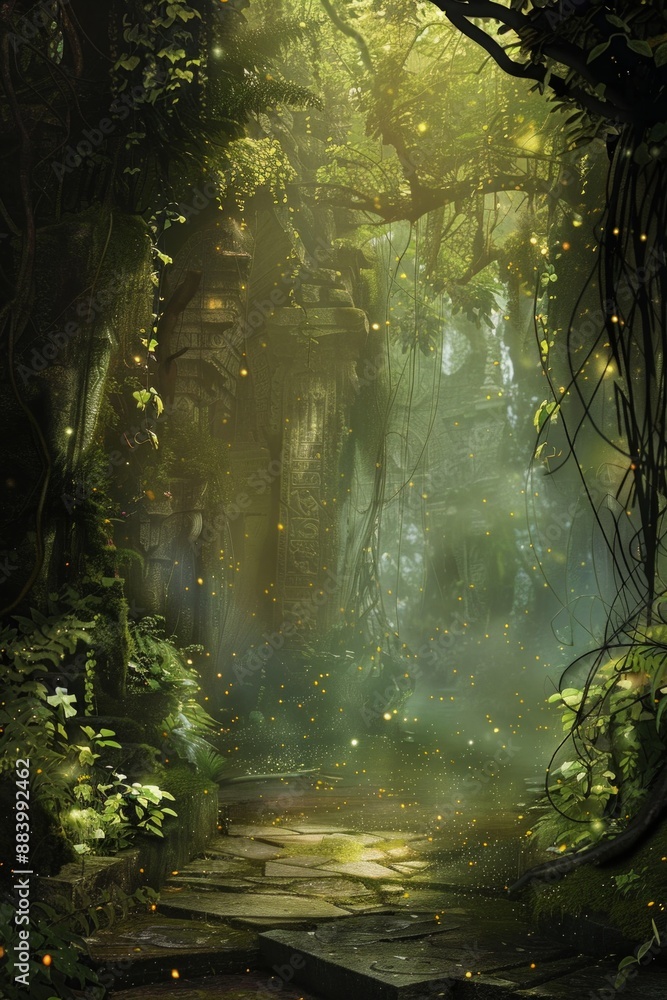 Fototapeta premium A mystical forest stage, with an ancient stone floor, vines hanging from the trees, and fireflies casting an ethereal glow. 
