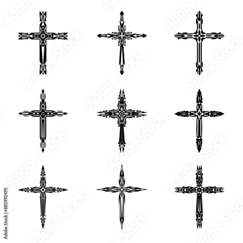Christian cross vector icon symbols.  Abstract christian religious belief or faith art illustration for orthodox or catholic design. The symbol of the cross in various designs used in tattoo.