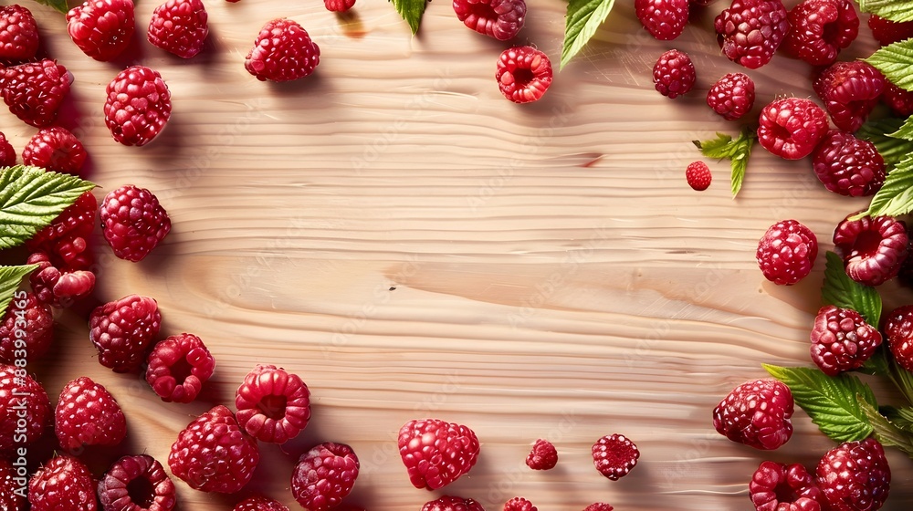 Ripe Raspberries Displayed on a Wooden Board - Bountiful Harvest of Sweet and Juicy Organic Berries Ripe Raspberries Displayed on a Wooden Board - Bountiful Harvest of Sweet and Juicy Organic Berries