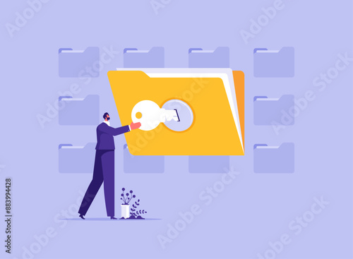 Document and data security concept, cyber security services to protect personal documents and data, businessman using security key to access digital files
