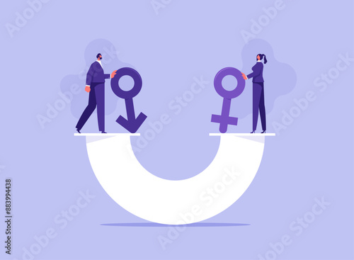 Gender equality or equal treatment in society and business concept, man and woman with gender symbols balance on a seesaw, male and female equal opportunities, fair