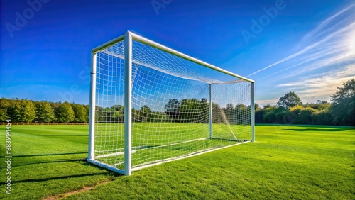 Empty soccer goal standing alone on a green grassy field with a clear blue sky and visible net mesh details.