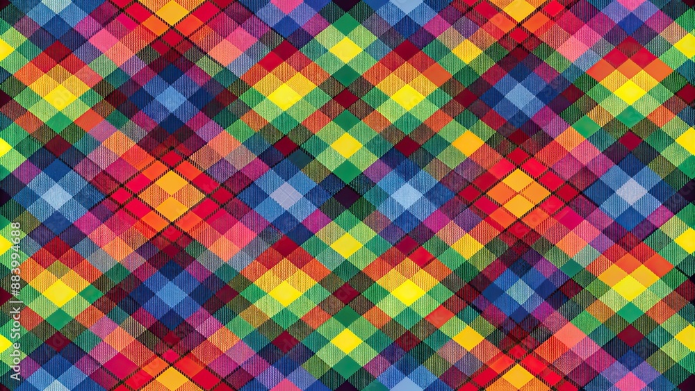 Vibrant multicolored checkered pattern with clashing bright hues and contrasting dark shades creating a visually striking abstract backdrop. Vibrant multicolored checkered pattern with clashing bright hues and contrasting dark shades creating a visually striking abstract backdrop.