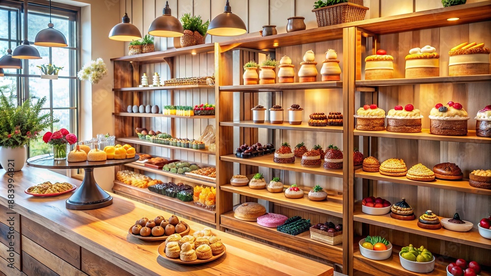 Fototapeta premium Colorful display of freshly baked sweet treats and decorative cakes arranged on wooden shelves in a cozy pastry shop interior.