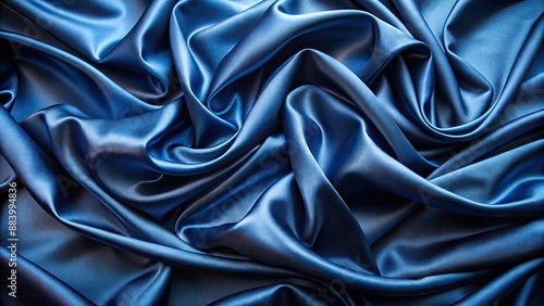 Luxurious dark blue satin fabric wrinkled and creased, with subtle sheen and delicate folds, create a sophisticated background setting.