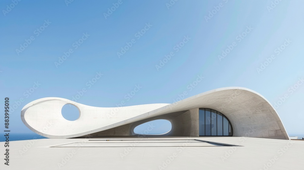 A white, curved building with large windows overlooking the ocean A white, curved building with large windows overlooking the ocean