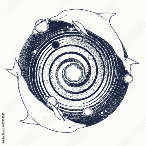 Two dolphins in love and the universe. Symbol of dreams, science, kindness, fantasy, relaxation and sea adventure. Underwater animals t-shirt design concept